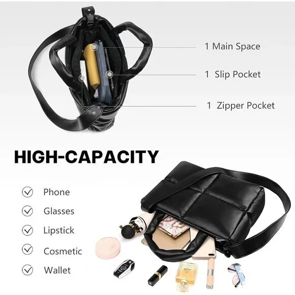 ✨ Epedal24 Crossbody Bag Women Black Puffer Quilted Soft Cotton Leather Handbag